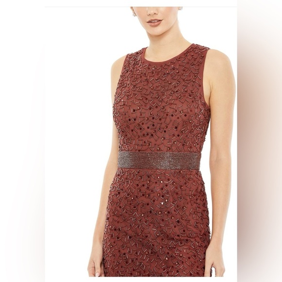 NWT Mac Duggal Brick Red Geometric Embellished Sleeveless A Line Dress 4 - Picture 6 of 9